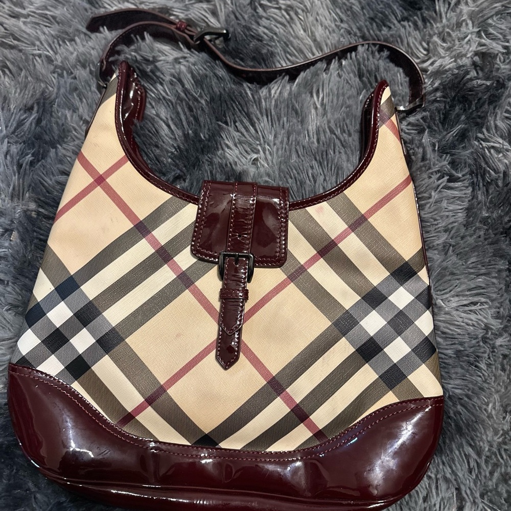 Burberry Plaid Designer Shoulder Bag - Burgundy and Cream